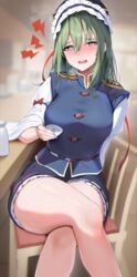  258n absurdres bare_legs blue_headwear blue_vest blurry blurry_background blush breasts breath choko_(cup) commentary crossed_legs cup drunk eiki_shiki feet_out_of_frame female green_hair hair_between_eyes highres horny horny_female indoors large_breasts looking_at_viewer mature_female miniskirt office_lady shiki_eiki sitting skirt solo thick_thighs tokkuri touhou vest 