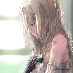  bare_shoulders blonde_hair blue_eyes dress female from_side hair_intakes highres jewelry kirin_13 messy_hair necklace profile prosthesis prosthetic_hand signature solo strapless strapless_dress upper_body violet_evergarden violet_evergarden_(series) white_dress 