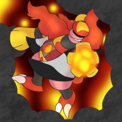  aiming aiming_at_viewer aiming_weapon ambiguous_gender anoelotl arm_cannon attacking_viewer belly belt biped claws clothing digital_media_(artwork) fire fireball game_freak generation_4_pokemon glowing grin hair jacket jumping lips looking_at_viewer magmortar margaret_(anoelotl) nintendo obscured_eyes pokemon pokemon_(species) ponytail smile smoke solo teeth thick_lips topwear 