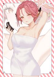  :o after_bathing alternate_hairstyle arm_behind_head arm_up armpits aru_(blue_archive) blue_archive blush breasts cleavage collarbone commentary_request demon_horns female hair_ornament hairclip halo hamcheeseand highres horns large_breasts long_hair looking_at_viewer naked_towel pink_hair towel zoom_layer 