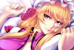  bed blonde_hair commentary_request eyelashes female flower graphite_(medium) hands hat highres kosuke_(gonzo_2010) lips long_hair lying mixed_media on_back open_clothes purple_eyes rose smile solo touhou traditional_media unfastened upper_body yakumo_yukari 