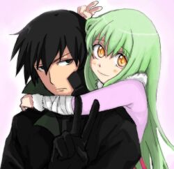  1boy alpha_(smashbox) amber_(darker_than_black) bad_id bad_pixiv_id black_eyes black_hair bodysuit coat darker_than_black female green_hair hei_(darker_than_black) pink_bodysuit yellow_eyes 