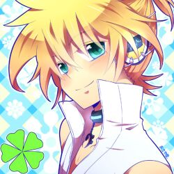  aqua_eyes asaya_yuki_(asatanbo) bass_clef blonde_hair blush boy clover collar four-leaf_clover headphones kagamine_len kagamine_len_(append) light_smile male male_focus no_sleeves ponytail popped_collar sleeveless smile solo vest vocaloid vocaloid_append 