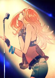  akkc bad_id bad_pixiv_id bare_shoulders belt bracelet closed_eyes female fingerless_gloves gloves jewelry karina_lyle long_hair microphone microphone_stand music open_mouth shorts singing solo tiger_&amp;_bunny 