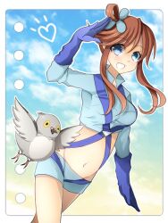  blue_eyes blue_gloves breasts commentary_request crop_top female gloves hair_ornament image_sample kuran_(mkmrl) large_breasts long_hair midriff navel nicoseiga_sample pokemon pokemon_adventures pokemon_bw red_hair short_shorts shorts skyla_(pokemon) solo 