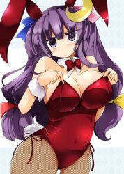  animal_ears breasts cleavage crescent crescent_hair_ornament female fishnet_pantyhose fishnets hair_ornament huge_breasts long_hair pantyhose patchouli_knowledge playboy_bunny purple_eyes purple_hair rabbit_ears rabbit_tail shirogane_(platinum) solo tail touhou 