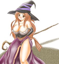  bare_shoulders blush breasts brown_eyes brown_hair cleavage commentary_request curvy detached_sleeves dragon&#039;s_crown dress female hat large_breasts long_hair side_slit solo sorceress_(dragon&#039;s_crown) staff strapless strapless_dress witch_hat ys_(ytoskyoku-57) 