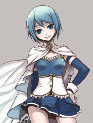  :3 blue_eyes blue_hair cape commentary_request female gloves head_tilt jpeg_artifacts magical_girl mahou_shoujo_madoka_magica mahou_shoujo_madoka_magica_(anime) miki_sayaka miki_sayaka_(magical_girl) miogrobin short_hair simple_background smile solo white_gloves 