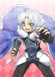  1boy animal_ears armor cape cat_ears commentary_request dog_days fangs fingerless_gloves fingernails gaul_galette_des_rois gloves lion_tail male_focus okino_matsushiro open_mouth sleeveless solo tail white_hair yellow_eyes 