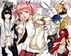  5girls akemi_homura bandana baseball_cap black_hair blonde_hair blood blue_eyes blue_hair boombox chains commentary contemporary decapitation drill_hair food gangster gokotan gun hat holding_boombox kaname_madoka kyuubee long_hair magical_musket mahou_shoujo_madoka_magica mahou_shoujo_madoka_magica_(anime) mami_mogu_mogu microphone miki_sayaka multiple_girls panties pants pink_eyes pink_hair ponytail red_eyes red_hair rifle sakura_kyoko severed_head shirt short_hair spoilers striped_clothes striped_panties sunglasses sweater taiyaki tattoo tomoe_mami twintails underwear wagashi weapon white_shirt yellow_eyes 