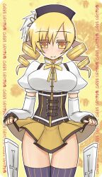  beret blonde_hair blush brown_thighhighs clothes_lift commentary_request corset detached_sleeves drill_hair female fingerless_gloves gloves gun hair_ornament hairpin hat kurakumo_nue madoka_runes magical_girl magical_musket mahou_shoujo_madoka_magica mahou_shoujo_madoka_magica_(anime) pleated_skirt puffy_sleeves ribbon rifle shirt skirt skirt_lift solo striped_clothes striped_thighhighs taut_clothes taut_shirt thighhighs thighs tomoe_mami tomoe_mami_(magical_girl) twin_drills twintails vertical-striped_clothes vertical-striped_thighhighs weapon zettai_ryouiki 