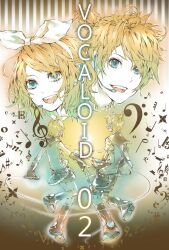  1boy arm_warmers bad_id bad_pixiv_id blonde_hair blue_eyes brother_and_sister ena1215 female guitar hair_ornament hair_ribbon hairclip headphones headset highres instrument kagamine_len kagamine_rin leg_warmers microphone ribbon short_hair siblings smile twins vocaloid 