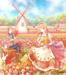  2boys 2girls :3 anko_kinako axis_powers_hetalia basket belgium_(hetalia) blonde_hair bouquet box brother_and_sister colorful commentary_request dress field flower flower_field green_eyes hair_ribbon heart highres house md5_mismatch miffy miffy_(character) multiple_boys multiple_girls netherlands_(hetalia) one_eye_closed rabbit ribbon scar scarf siblings southern_italy_(hetalia) spain_(hetalia) stuffed_animal stuffed_toy tree tulip windmill 