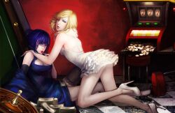  2girls asymmetrical_clothes backless_dress backless_outfit black_thighhighs blonde_hair blue_dress breasts candy cleavage coin commentary_request dress elbow_gloves food gloves hand_on_shoulder high_heels kneeling large_breasts lips lollipop long_hair money multicolored_hair multiple_girls nail_polish narrow_waist noa_ikeda one_eye_closed panty_&amp;_stocking_with_garterbelt panty_(psg) photoshop_(medium) realistic roulette shoes siblings single_glove single_thighhigh sisters sitting slot_machine stocking_(psg) stool thighhighs two-tone_hair white_dress 