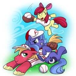  1:1 alicorn apple_bloom_(mlp) ball baseball_(ball) baseball_(sport) baseball_cap baseball_uniform big_macintosh_(mlp) blue_body blue_feathers brother_(lore) clothing cutie_mark earth_pony equid equine feathered_wings feathers female feral friendship_is_magic group hasbro hat headgear headwear holding_ball holding_object horn horse madmax male mammal my_little_pony mythological_creature mythological_equine mythology playing_baseball pony princess_luna_(mlp) sibling_(lore) sister_(lore) sport sportswear tail uniform wings young young_feral 