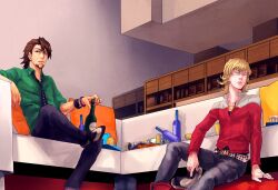  2boys alcohol bad_id bad_pixiv_id barnaby_brooks_jr. belt blonde_hair boots bracelet brown_eyes brown_hair cabbie_hat chips_(food) couch facial_hair food glasses goatee green_eyes hat highres jacket jewelry kaburagi_t._kotetsu male_focus multiple_boys necktie perspective photoshop_(medium) red_jacket sitting smile studded_belt tiger_&amp;_bunny watch wine wristwatch yt-nagi 