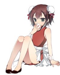  1boy a_(pivot-nitidokui) apron bad_id bad_pixiv_id baka_to_test_to_shoukanjuu baozi brown_eyes brown_hair china_dress chinese_clothes crossdressing double_bun dress eating flats food green_eyes hair_bun hair_ornament hairclip kinoshita_hideyoshi male_focus otoko_no_ko shoes short_hair sitting solo wrist_cuffs 