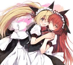  2girls ;d alternate_hairstyle blonde_hair brown_hair commentary_request dress holding_hands interlocked_fingers maid makise_kurisu miya_(tsumazukanai) multiple_girls one_eye_closed open_mouth ribbon shiina_mayuri smile steins;gate wig 