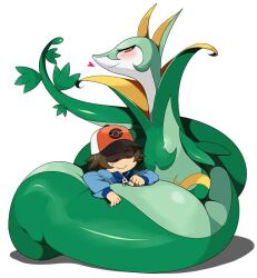  agemono blush closed_eyes clothing female fur generation_5_pokemon green_body green_fur hat headgear headwear heart_symbol hilbert_(pokemon) hug human mammal nintendo on_top pokemon pokemon_(species) red_eyes reptile scalie serperior simple_background smile snake white_background wrap 