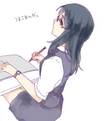  ano_hi_mita_hana_no_namae_wo_bokutachi_wa_mada_shiranai. bad_id bad_pixiv_id black_hair desk female glasses long_hair pen solo tsurumi_chiriko uri_253 watch wristwatch 