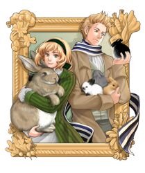  1boy animal axis_powers_hetalia belgium_(hetalia) blonde_hair brother_and_sister coat commentary_request dress female framed green_hair green_hairband hair_ribbon hairband md5_mismatch netherlands_(hetalia) picture_frame rabbit ribbon scarf sherry_lai siblings smile 