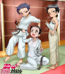  3girls barefoot black_hair blush boro commentary_request dougi feet hanza_sky karate_gi multiple_girls ootani_mizuki sakashita_yoshie sawamura_sanae short_hair smell teppu to_heart to_heart_(series) tomboy 