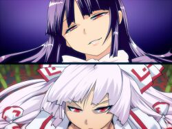  2girls bad_id bad_pixiv_id bow fujiwara_no_mokou hair_ribbon hairbow head_tilt houraisan_kaguya hyudora multiple_girls pink_hair portrait purple_hair red_eyes ribbon smirk touhou 