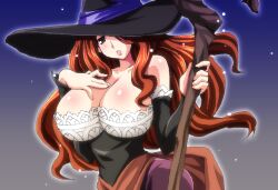  bare_shoulders breasts brown_eyes brown_hair chirorian cleavage commentary_request detached_sleeves dragon&#039;s_crown dress female hat hat_over_one_eye large_breasts long_hair oekaki one_eye_covered solo sorceress_(dragon&#039;s_crown) staff strapless strapless_dress witch_hat 