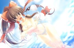  bikini blue_sky blush bow brown_eyes brown_hair clothes_theft colorized commentary_request covering_breasts covering_privates day female gap_(touhou) hair_tubes hairbow hakurei_reimu long_hair ocean open_mouth ponytail red_bow sky solo swimsuit swimsuit_theft tears theft tilm touhou yamu_(reverse_noise) 