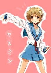  aram bad_id bad_pixiv_id blue_sailor_collar blue_skirt brown_eyes brown_hair female kita_high_school_uniform photoshop_(medium) pink_background sailor_collar school_uniform serafuku short_hair skirt smile solo suzumiya_haruhi_no_yuuutsu watahashi_yasumi winter_uniform 