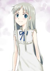  ano_hi_mita_hana_no_namae_wo_bokutachi_wa_mada_shiranai. bare_shoulders blue_eyes blush commentary_request dress female grey_hair honma_meiko long_hair sleeveless smile solo sugar_(sugarless) 