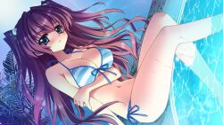  asakura_karen bikini blue_eyes blush breast_hold breasts brown_hair cleavage cube_(alma) dutch_angle female flower front-tie_top hair_flower hair_ornament kimi_to_boku_to_eden_no_ringo large_breasts light_smile long_hair looking_at_viewer navel pool poolside side-tie_bikini_bottom sideboob smile soaking_feet solo striped_bikini striped_clothes swimsuit underboob water 