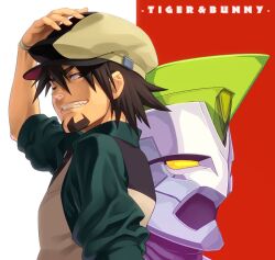  1boy bad_id bad_pixiv_id beard brown_eyes brown_hair facial_hair hat kaburagi_t._kotetsu male_focus one_eye_closed pairan smile solo tiger_&amp;_bunny upper_body 