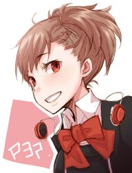  ayakura_juu bow brown_hair commentary_request female gekkoukan_high_school_uniform hair_ornament hairpin happy headphones open_mouth persona persona_3 persona_3_portable ponytail red_eyes school_uniform shiomi_kotone smile solo 