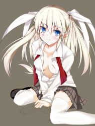  bad_id bad_pixiv_id blonde_hair blue_eyes deanoia female little_busters! little_busters!_school_uniform long_hair no_bra open_clothes open_shirt school_uniform shirt solo thighhighs tokido_saya twintails 