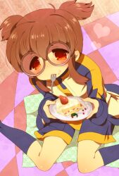  1boy bad_id bad_pixiv_id brown_eyes brown_hair cake food fork hayami_tsurumasa inazuma_eleven_(series) inazuma_eleven_go jacket jakey looking_up male_focus otoko_no_ko plate short_hair short_twintails shorts solo twintails 