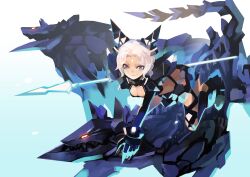  animal_ears blue_eyes breasts cleavage commentary female mecha medium_breasts multicolored_eyes original photoshop_(medium) polearm pump_(pumpqmuq) riding robot smirk solo spear weapon white_hair wolf 