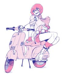  bad_id bad_pixiv_id fingerless_gloves glasses gloves ground_vehicle halftone helmet highres monochrome motor_vehicle natano_hisanori original pink pink_eyes pink_hair scooter solo vespa vespa_p-series 