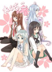  4girls a_channel ano_hi_mita_hana_no_namae_wo_bokutachi_wa_mada_shiranai. bad_link barefoot black_hair blue_hair brown_hair denpa_onna_to_seishun_otoko dress feet grey_hair honma_meiko long_hair makise_kurisu mukunoki_nanatsu multiple_girls nishi_yuuko pantyhose school_uniform season_connection skirt sleeveless sleeveless_dress steins;gate touwa_erio 