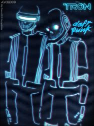  2boys bodysuit commentary daft_punk english_commentary gloves glowing glowing_eyes guy-manuel_de_homem-christo helmet kazeco logo mask monochrome multiple_boys neon_trim simple_background skull thomas_bangalter tron tron:_legacy 