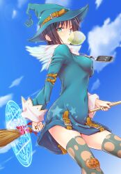  apple_inc. aqua_eyes belt black_hair blowing_bubbles breasts broom cellphone chewing_gum cloud commentary_request day female hat highres iphone jewelry kanata_(kanata_onion) magic_circle medium_breasts necklace original phone photoshop_(medium) polka_dot polka_dot_legwear sky smartphone solo star_(symbol) thighhighs witch witch_hat zettai_ryouiki 