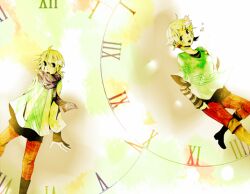  1boy alternate_costume bass_clef blonde_hair boots boy_and_girl clock drop female female girl kagamine_len kagamine_rin kinoshita_(kirinn0) knee_boots male musical_note musical_notes open_mouth pants scarf shirt t-shirt treble_clef vocaloid 