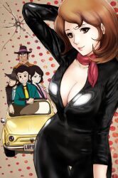  4boys arsene_lupin_iii bodysuit breasts brown_eyes brown_hair car cleavage commentary_request female fiat fiat_500 green_jacket grin ishikawa_goemon_xiii jacket jigen_daisuke large_breasts lupin_iii md5_mismatch mine_fujiko motor_vehicle mougira multiple_boys necktie scarf shiny_clothes skin_tight smile thigh_gap yellow_necktie zenigata_kouichi 