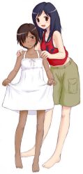  barefoot black_hair blush brown_eyes brown_hair cosplay costume_switch crossdressing crossdressing dark_skin dress dress_lift frown highres ikezawa_kazuma kusaka_maichi long_hair open_mouth shinohara_natsuki short_hair shorts smile summer_wars sweatdrop tan trap 