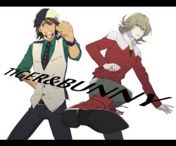  2boys bad_id bad_pixiv_id barnaby_brooks_jr. belt blonde_hair blue_eyes boots bracelet brown_hair cabbie_hat clenched_hand facial_hair feet foot_focus glasses goatee hat jacket jewelry kaburagi_t._kotetsu kicking lydi_(dd) male_focus multiple_boys necklace necktie red_jacket studded_belt tiger_&amp;_bunny vest watch wristwatch 