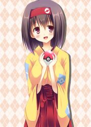  akane_souichi bad_id bad_nicoseiga_id breasts brown_eyes brown_hair clothes erika_(pokemon) female hairband headband holding holding_poke_ball image_sample japanese_clothes kimono large_breasts nicoseiga_sample poke_ball poke_ball_(basic) pokemon pokemon_adventures short_hair smile solo 