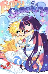  2girls angel angel_wings blonde_hair blue_eyes bowl bracelet commentary cream english_commentary eyeshadow fingernails food fruit halo heart high_heels hug jewelry juby makeup midriff multicolored_hair multiple_girls nail_polish panty_&amp;_stocking_with_garterbelt panty_(psg) pink_hair purple_hair shoes siblings sisters skirt stocking_(psg) strawberry striped_clothes striped_thighhighs thighhighs wings 