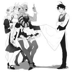  4boys akutabe alternate_form apron azazel_(azazel-san) beelzebub_(azazel-san) bow bowtie commentary_request crossdressing dark-skinned_male dark_skin demon_boy dress ear_piercing earrings greyscale hair_ornament high_heels horns jewelry kicking lucifer_(azazel-san) maid male_focus male_maid middle_finger monochrome multiple_boys piercing pinki_(shounenkakuseiya) shoes short_hair skirt sweat thighhighs waiter yondemasu_yo_azazel-san. 