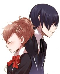  1boy ayakura_juu blue_hair blush bow brown_hair closed_eyes commentary_request female gekkoukan_high_school_uniform hair_ornament hairpin headphones persona persona_3 persona_3_portable ponytail school_uniform shiomi_kotone short_hair smile yuuki_makoto_(persona_3) 