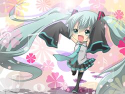  aqua_eyes aqua_hair chibi commentary_request detached_sleeves female hatsune_miku long_hair musical_note necktie open_mouth oversized_clothes skirt sleeves_past_fingers sleeves_past_wrists smile solo thighhighs tsujiori twintails very_long_hair vocaloid 